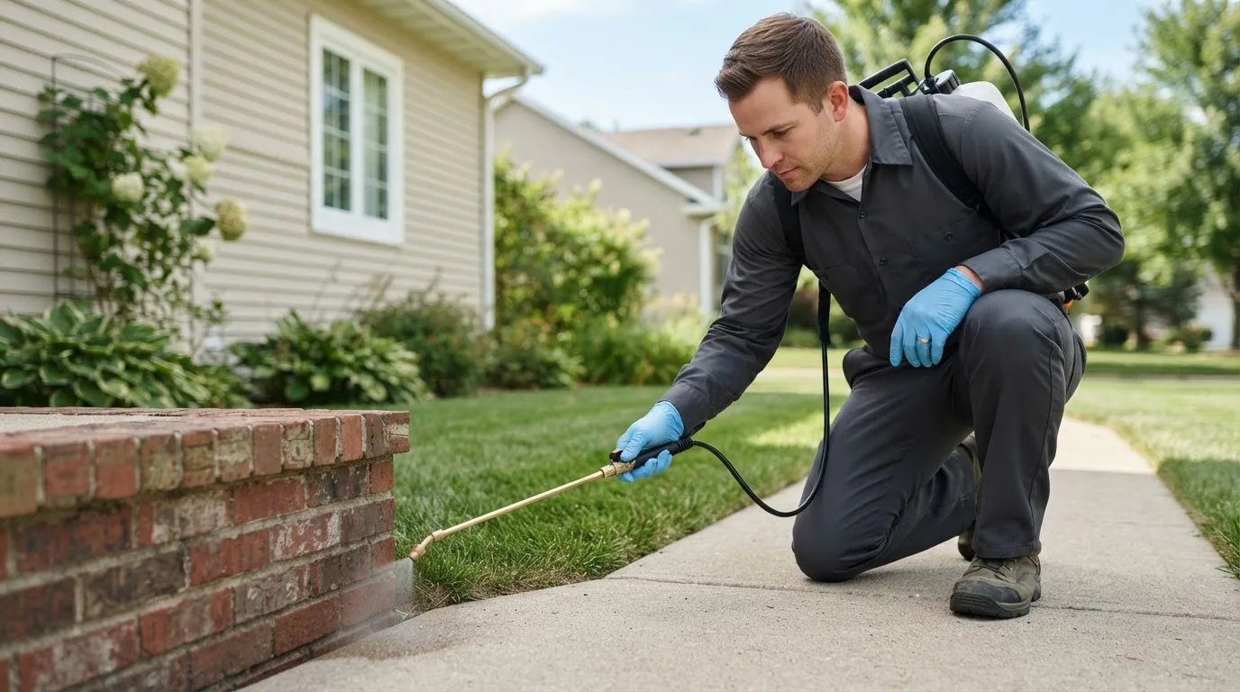 Pest control technician treating a home near Meigs, GA